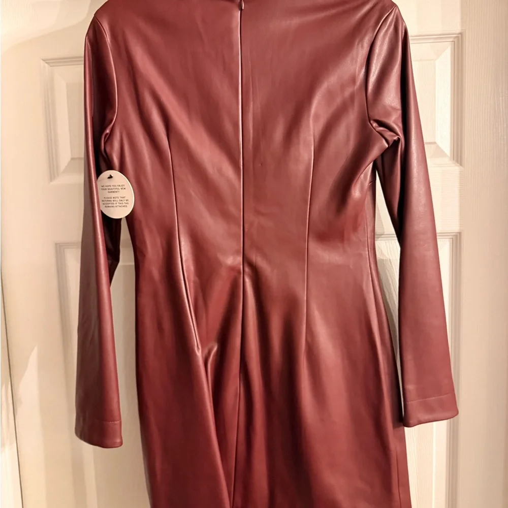 STAUD Burgundy Long Sleeve Faux Leather Mini Dress - Picture 3 of 4